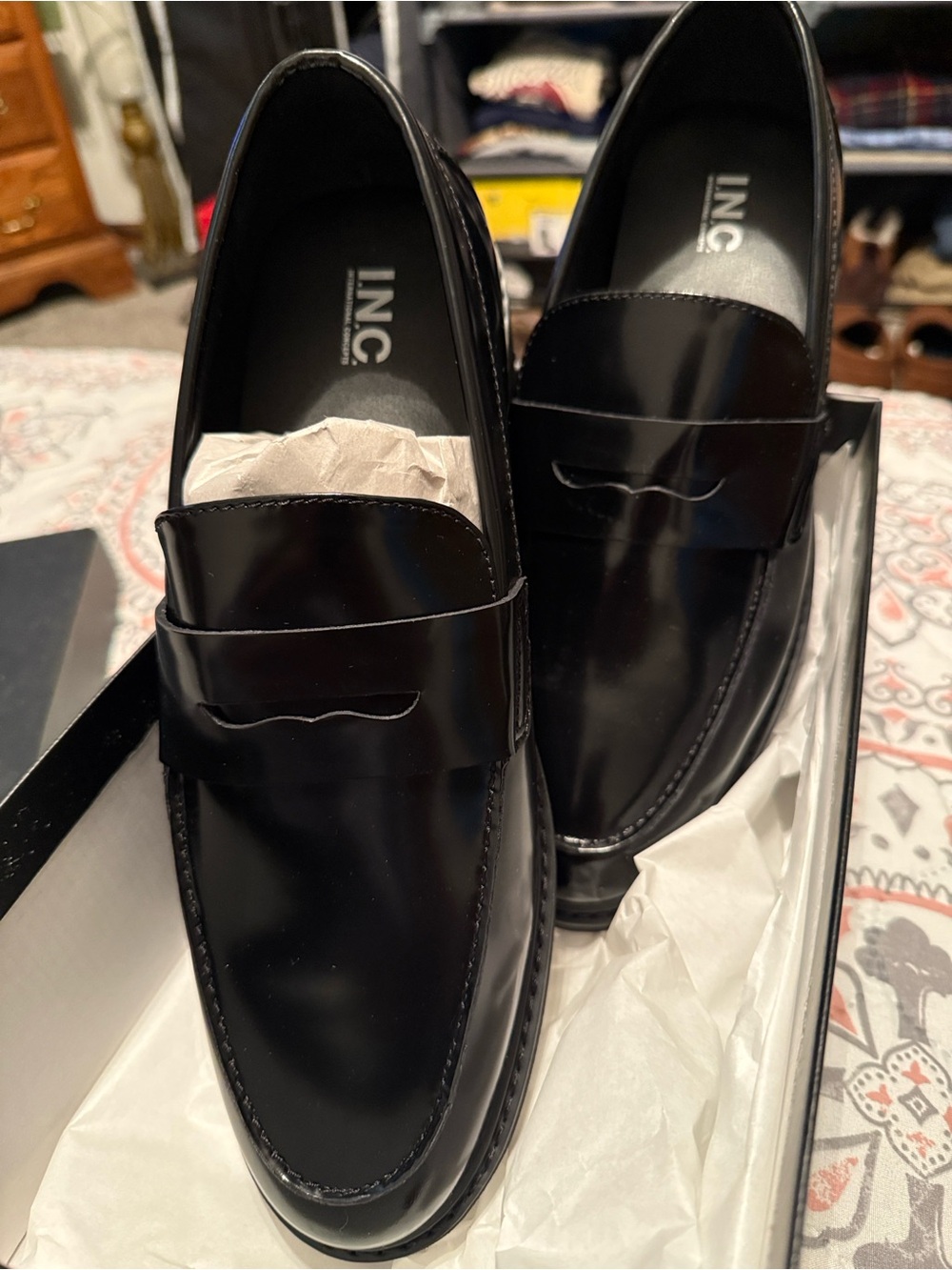 INC International Concepts Men's Black Patent Leather Penny Loafers